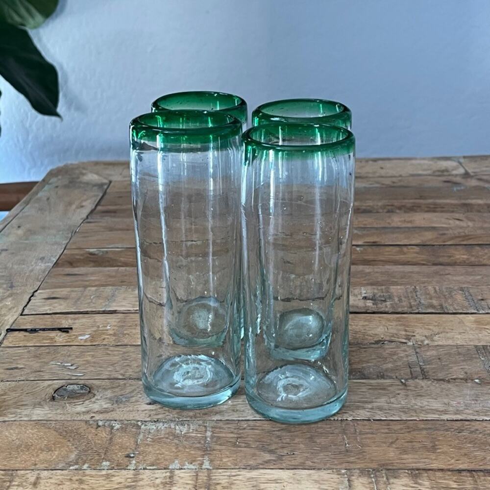 Hand Blown Mexican Green Rim Highball Glass Tumblers 7" Set of 4